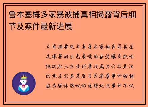 鲁本塞梅多家暴被捕真相揭露背后细节及案件最新进展 鲁本塞梅多家暴被捕真相揭露背后细节及案件最新进展