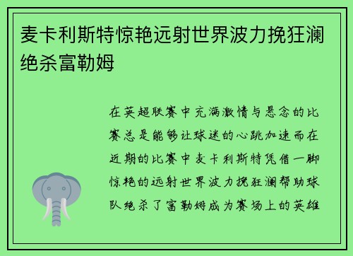 麦卡利斯特惊艳远射世界波力挽狂澜绝杀富勒姆
