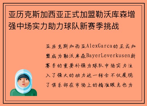 亚历克斯加西亚正式加盟勒沃库森增强中场实力助力球队新赛季挑战 亚历克斯加西亚正式加盟勒沃库森增强中场实力助力球队新赛季挑战